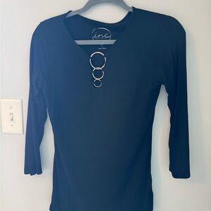 INC International Concepts Black Long Sleeve Top with Ring Accents